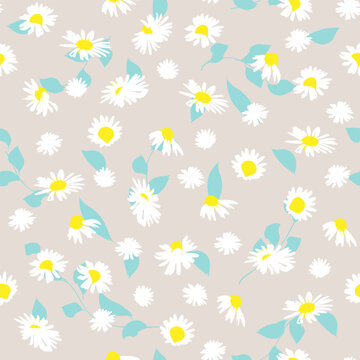 Hand-drawn seamless pattern with floral print. Contour silhouette of white daisies on a beige background. Vector pattern for printing on fabric, gift wrapping, covers, wallpapers.