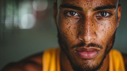 A close up of a man with freckles on his face, AI - obrazy, fototapety, plakaty