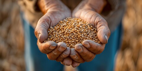 The background focuses on a farmer's hands full of harvested wheat grains, symbolizing agriculture - obrazy, fototapety, plakaty