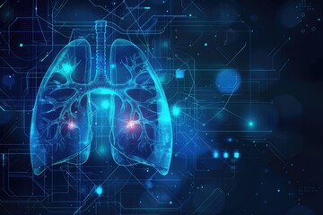 Holographic lungs, futuristic medical interface, glowing blue wireframe, digital health technology, respiratory system visualization, neon anatomy projection, dark background with data points.