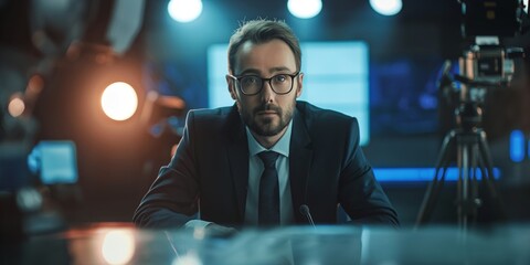 A focused male news anchor sits at the news desk, ready for the camera in an illuminated studio background - obrazy, fototapety, plakaty