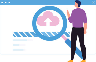 Boy watching cloud data being uploaded.