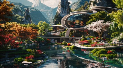 A futuristic home, it is very advanced in appearance, there is a lush green pond around it, and there are colorful flowers and gardens, there is also a futuristic swing bridge, a Future city images