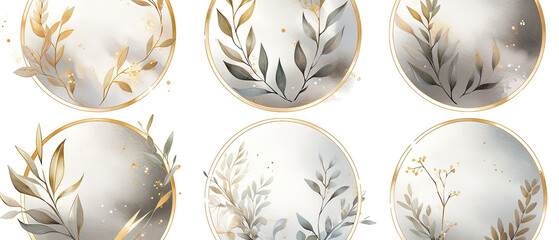 a close up of four oval mirrors with gold leaves and branches