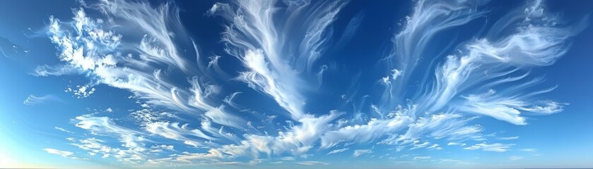 Scenic blue sky, elevated serene clouds, tranquil natural atmosphere, majestic sunny day, clear vast backdrop