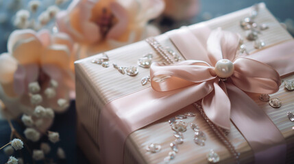 Elegantly wrapped wedding gift with delicate embellishments, concept of celebration and generosity.