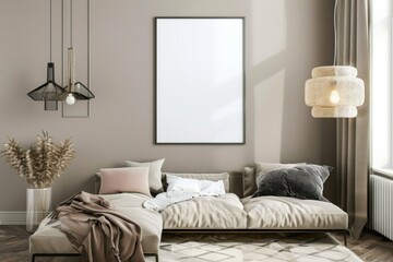 Beige Scandinavian Interior with Poster Mockup created with Generative AI