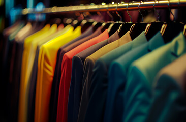 Colorful tailored Men's suits on hangers in a clothing store. Close up with shallow field of view.