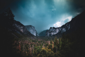 The Tunnel View of Yosemite National Park under Dark Skies - California, USA