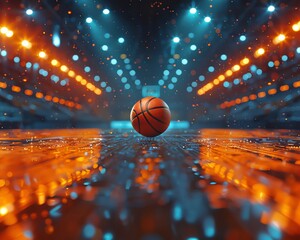 Basketball game in an electric arena, the jump ball sparking a sequence of dynamic plays