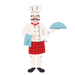 Chef holding dish. Male character in doodle style.
