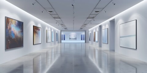 This image shows a modern art gallery interior with a variety of background paintings on display