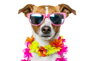 Happy smile Puppy dog wearing sunglasses with summer season costume isolated on background, pets summer, lovely dog, holiday vacation.