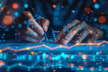 Person analyzing complex digital graphs for futuristic data analysis.