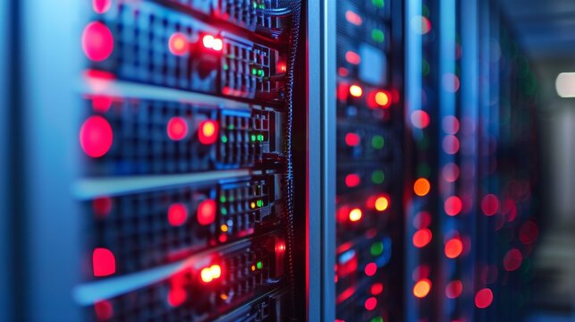 A row of servers with red and green lights on them, AI