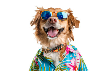 Happy smile Puppy dog wearing sunglasses with summer season costume isolated on background, pets summer, lovely dog, holiday vacation.