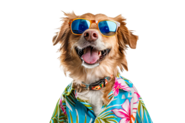 Happy smile Puppy dog wearing sunglasses with summer season costume isolated on background, pets summer, lovely dog, holiday vacation.