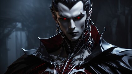 A dark Dracula figure with red eyes - obrazy, fototapety, plakaty