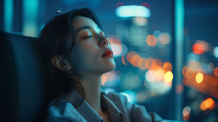 Naklejka premium A young businesswoman enjoys a quiet moment of relaxation in her office chair by the ambient lights of the city at night, reflecting urban tranquility.