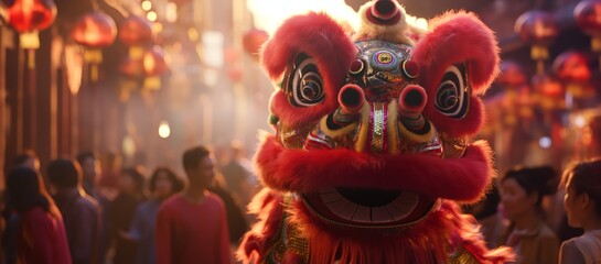 A dazzling Chinese New Year celebration is captured as a vibrant dragon puppet is paraded against a busy street, creating a cultural background