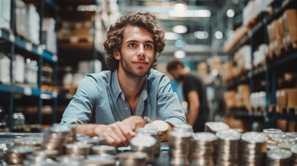 A man sitting at a table with stacks of coins in front, AI