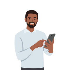 Young man is holding a smartphone. Communication in the network. Flat vector illustration isolated on white background