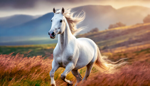 Caballo blanco galopando en pastizal al atardecer
