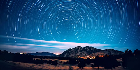 astrophotography with long exposure to capture star trails over a captivating landscape ....
