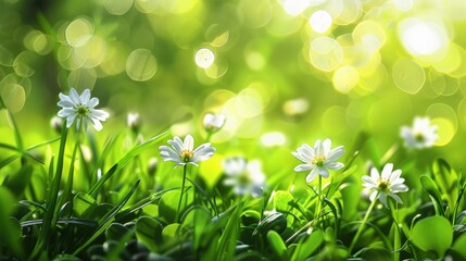 A close up of fresh spring flowers bathed in warm sunlight delicate white petals contrast with vibrant green foliage, signaling the awakening of nature - obrazy, fototapety, plakaty