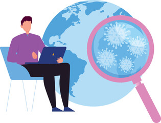 The boy is working on the laptop.