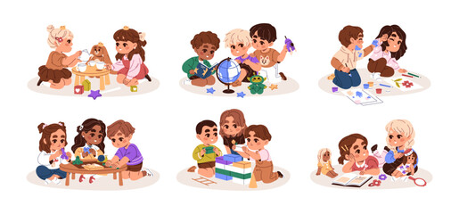 Happy children play different games together set. Little friends drawing, reading on floor. Cute kids have fun with toys, dolls at tea party. Flat isolated vector illustration on white background