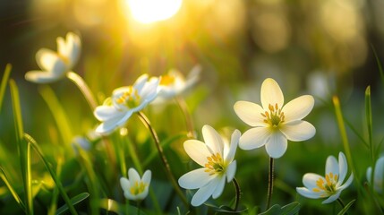 A close up of fresh spring flowers bathed in warm sunlight delicate white petals contrast with vibrant green foliage, signaling the awakening of nature