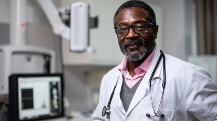 Confident black male doctor in a hospital radiology lab with advanced imaging equipment - obrazy, fototapety, plakaty
