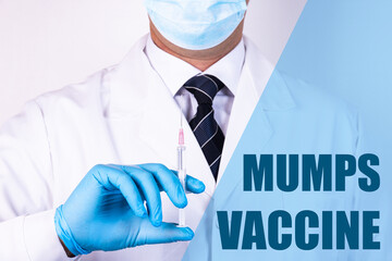 Mumps Vaccine text is written on the background of a doctor who is holding a syringe with a vaccine...