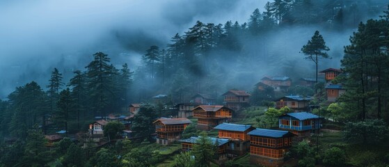 Turbulent monsoon clouds envelop a remote mountain village, with traditional houses and the wind howling through narrow streets