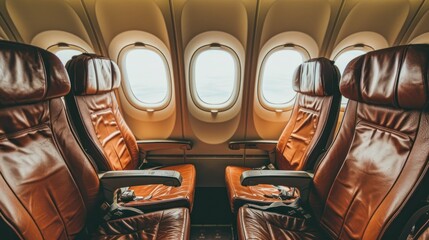 Empty airplane seats with a view from the window, showcasing comfortable travel in an aircraft...