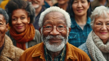 Fototapeta premium A group of older individuals standing next to each other, smiling and looking at the camera in a collective portrait