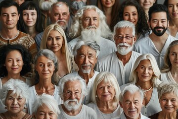 Diverse group of individuals with white hair and beards are gathered together in a portrait setting - obrazy, fototapety, plakaty