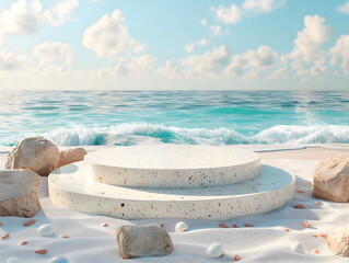 3d podium with ocean, sky, sand, waves. Round stone scene render

