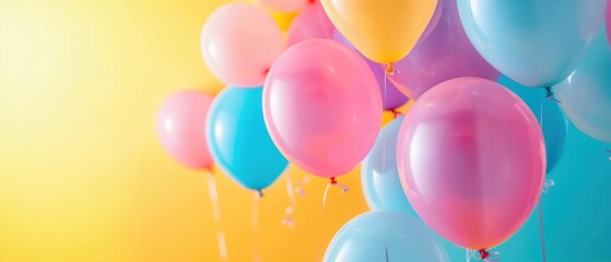 Bunch of pastel blue and pink balloons on a soft yellow background, festive or party concept with copy space.