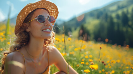 Portrait of a beautiful girl in a straw hat and sunglasses on the background of a flowering meadow