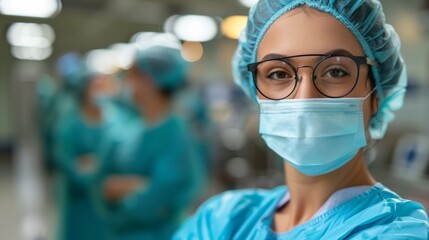 Fototapeta na wymiar A woman in scrubs with glasses and a surgical mask, AI