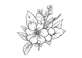 Boutonniere of wild rose flowers and berries Clip art, set of elements for design Outline hand drawing vector illustration. In botanical style