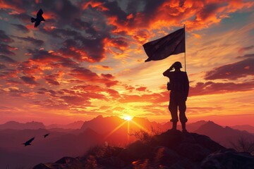 Silhouette of a soldier saluting near the flag with a sunset sky background and mountain landscape, an intricately detailed photo-realistic banner. The flag features three stars in the