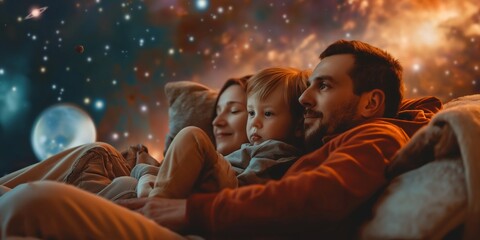 A family is engrossed in stargazing at home, evoking love and togetherness, with a space-themed background enhancing the mood - obrazy, fototapety, plakaty