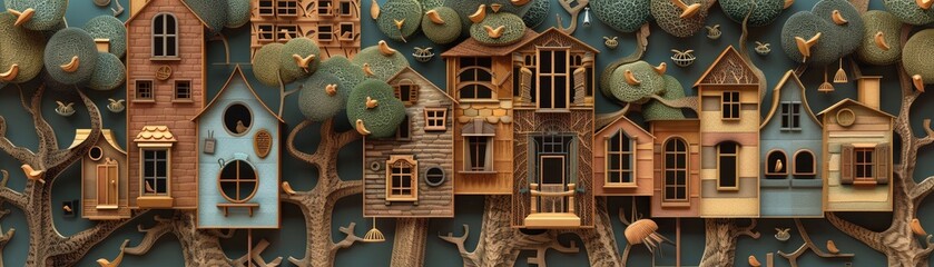 A surreal papercut illustration of a city with building facades that have the texture of bark and windows that resemble bird nests - obrazy, fototapety, plakaty