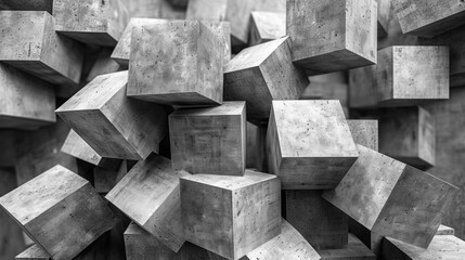 A black and white photo of a bunch of concrete cubes, AI
