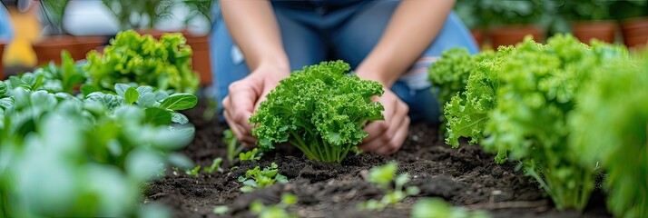 Planting green leafy lettuce as a natural food ingredient in the garden