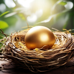 Fototapeta premium a golden egg in the bird's nest. background with copy space. easter sunday luxury greeting card concept. no letters 