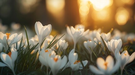 Gentle white crocuses bloom in a sunlit field, heralding spring's arrival amidst a warm golden glow, symbolizing new beginnings and nature's rebirth